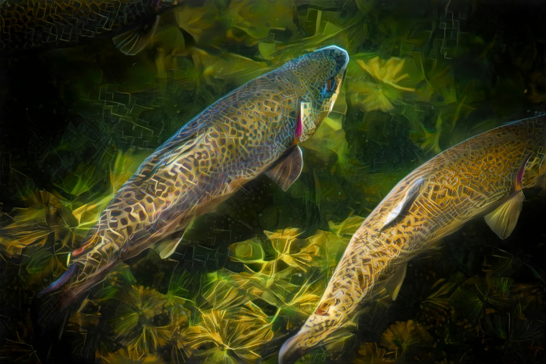Dreaming of Trout. (I dreamed once of trout swimming in a wooden rain barrel under the eves of the house, where rain spilled from the gutters.) Original photo by Jon Sailer on Unsplash.