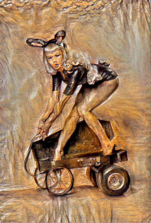 mouseketeer riding coffin-mobile, wood carving