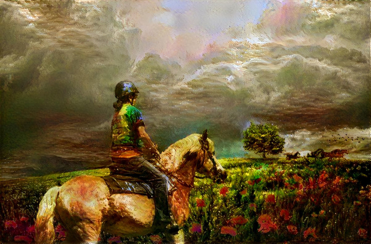 Riding the Storm Out.  Me riding Happy, my BFF's Haflinger gelding. Image created using Photoshop and PicsArt prior to dreaming.