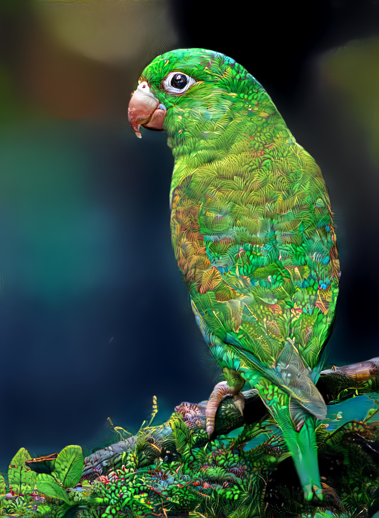Orange-chinned Parakeet, Costa Rica V2 (higher resolution). Source photo by Zdeněk Macháček on Unsplash. Style by Deep Dreamer Remi.