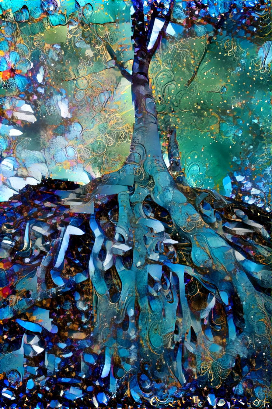 tree roots - aqua blue, green, crystals