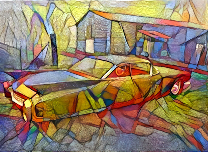 patchwork retexture, yellow, orange, red, car