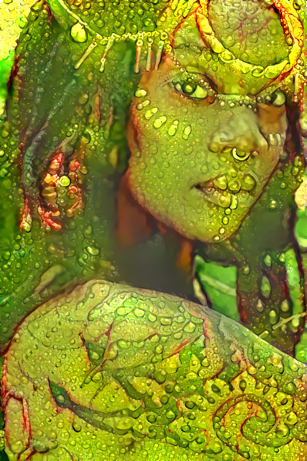 retexture, water beads green leafs tribal portrait