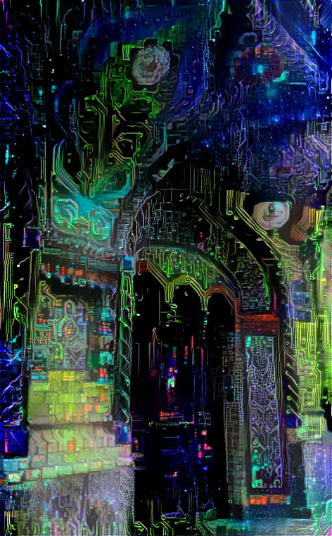 architecture retextured cyberpunk, blue, green