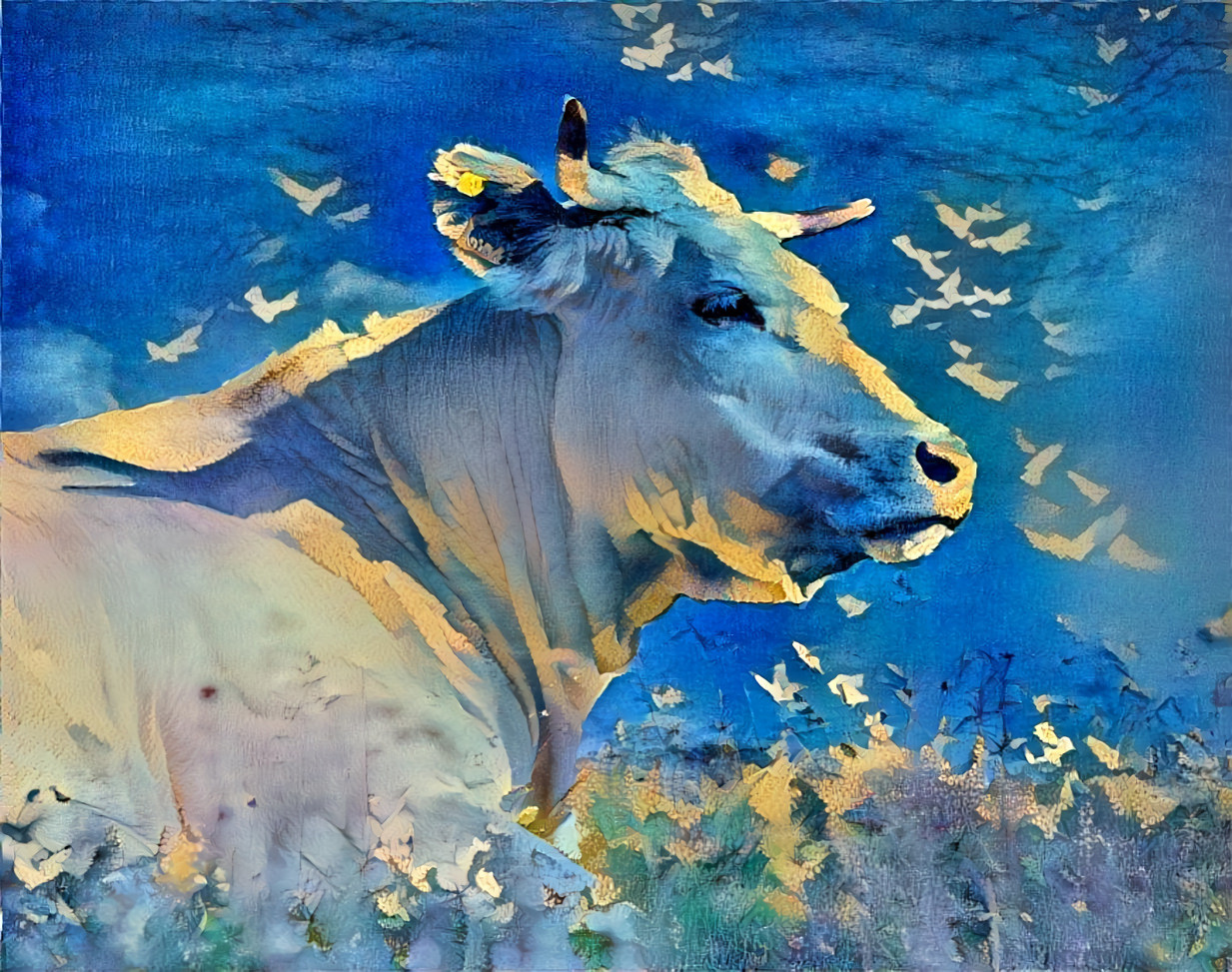 White cow, blue shadows, sky