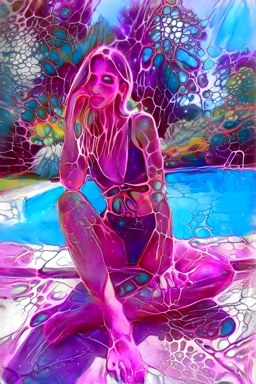 model posing by pool, blue, pink, organic