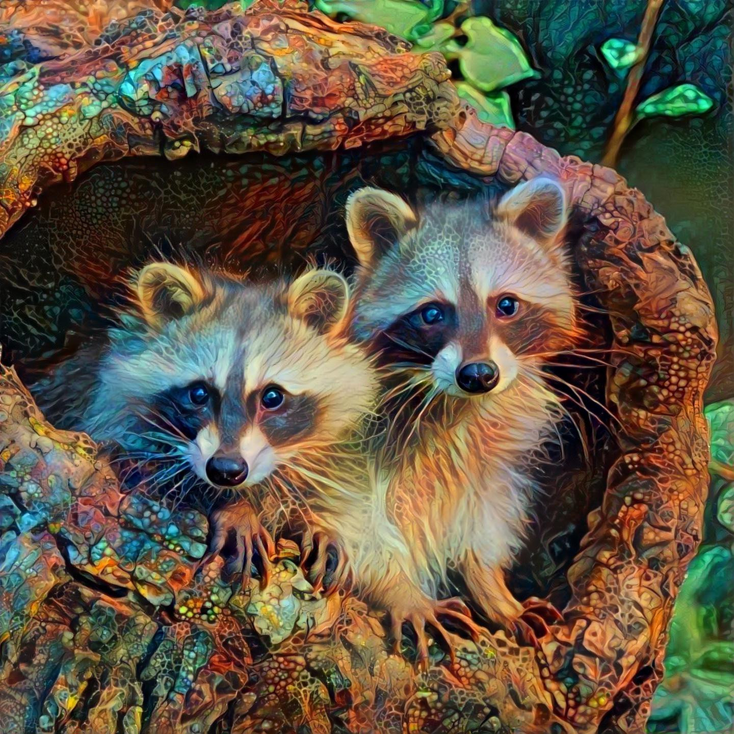 Raccoons In A Tree Stump
