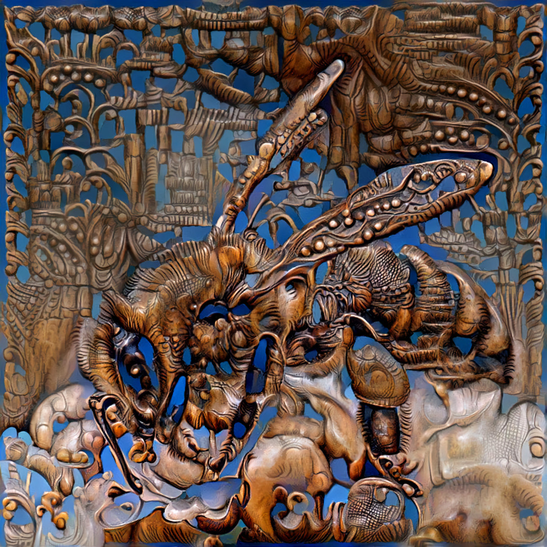 bee - wood carving, blue background