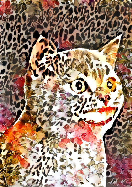 cat with human smile, retextured, leopard print