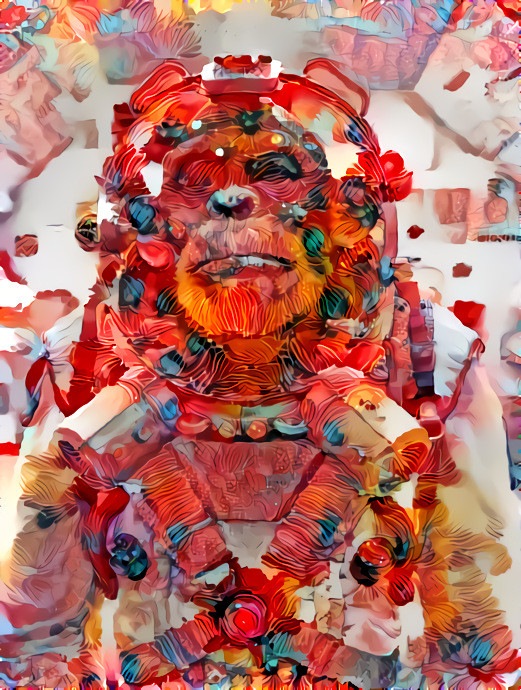 retexture, monkey space suit, red, orange, flowers