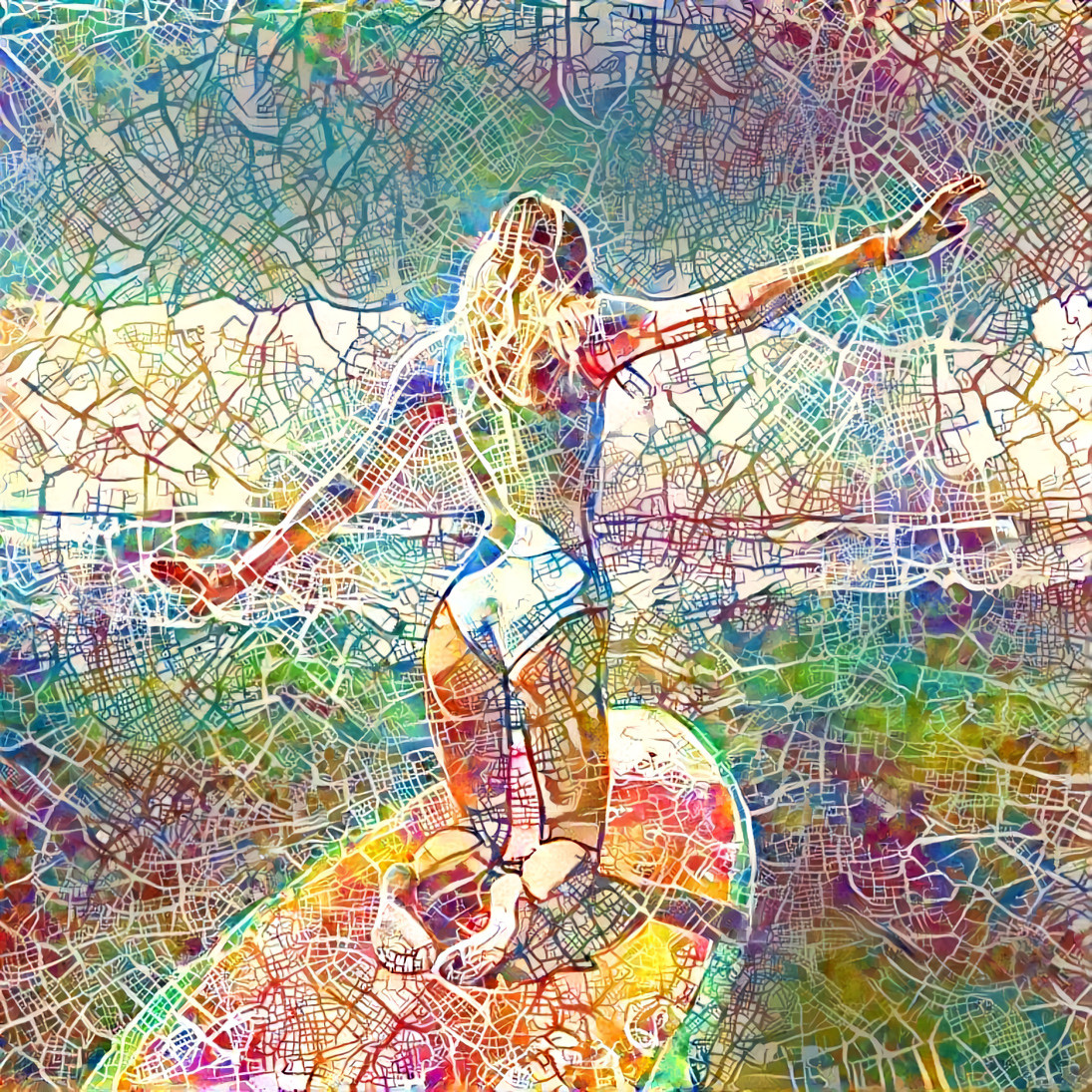 model balancing on knees, on surf board, drawing