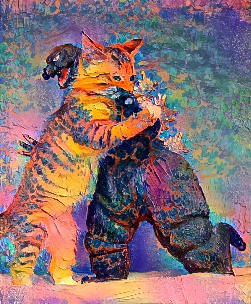 cat hugs godzilla - oil paint