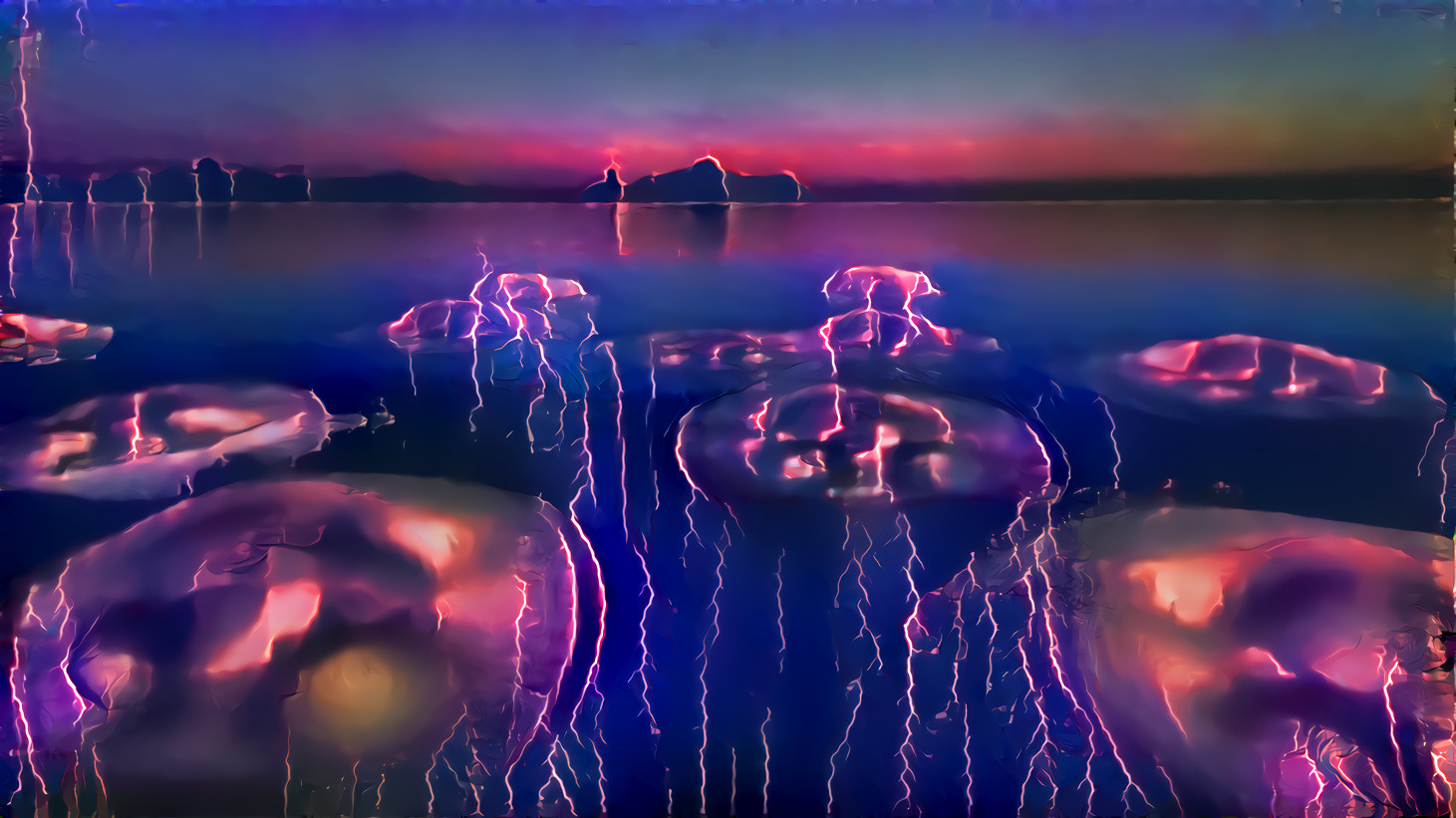 sunset- jellyfish approach shore of Spanish lagoon