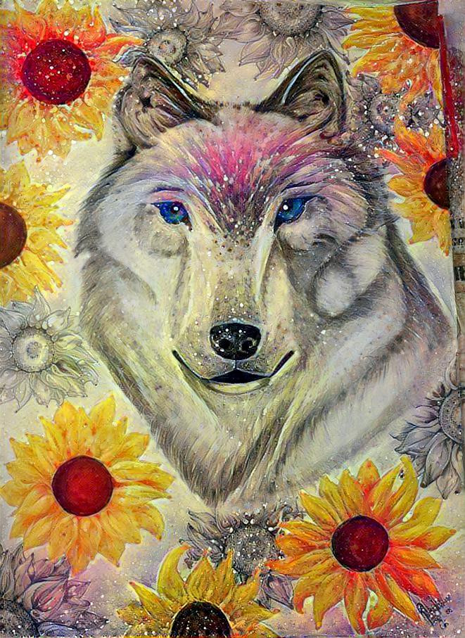 Wolf and sunflowers 