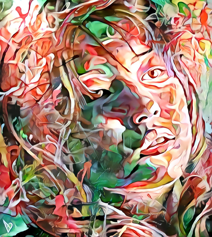 "Wondering girl" _ source: street artwork by David Walker / style: two images (processed) from Peter Barlow's Flower Challenge on Facebook's "Deep Dreamers" group _ (190529)