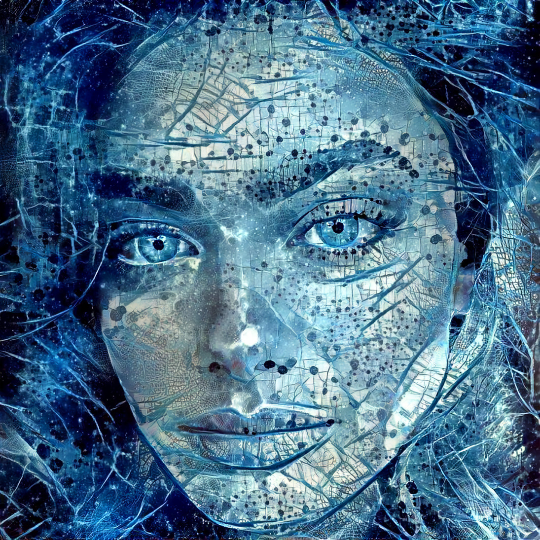 yael shelbia, face, closeup, blue, cyber, 2