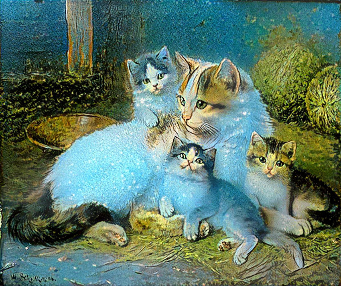 Cat mom with her puppies painted by Wilhelm Schwar