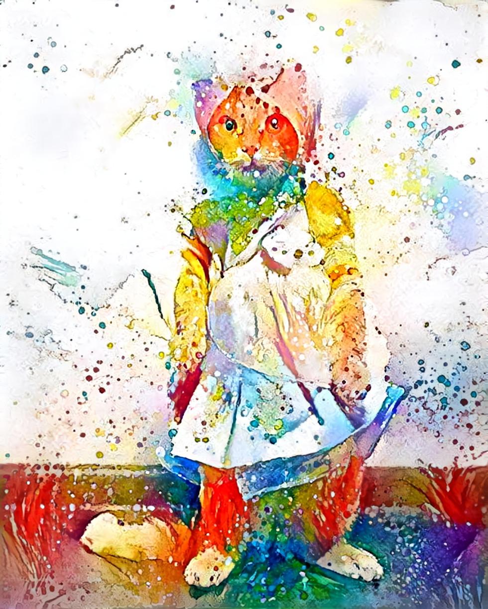 cat wearing dress, standing up, water colors
