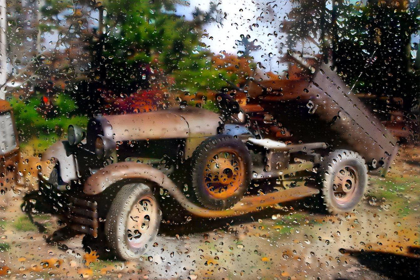 old truck in the rain