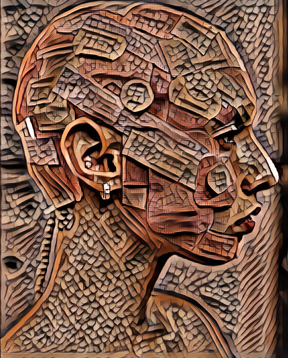 bald model with bandaids on face, wood carving