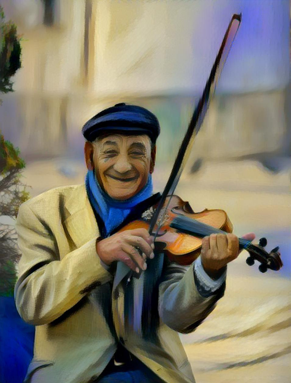 Man using violin smiling