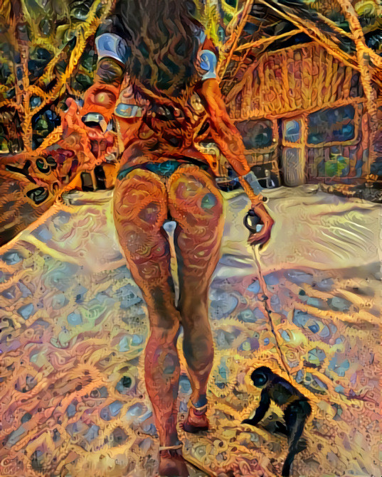 sexy woman with monkey on a leash, retexture