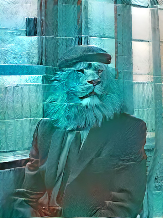 lion wearing beret poses in chair by window