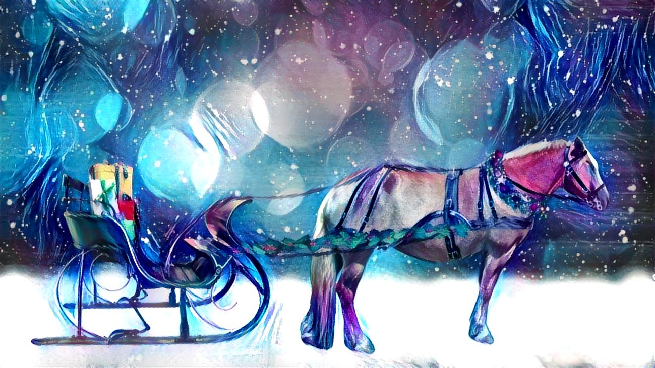 This is a composite consisting of four images (the background, my Haflinger mare Bella, the harness and the sleigh).