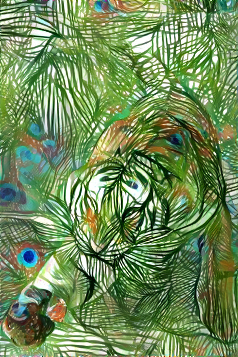 tiger, green, peacock feathers, painting
