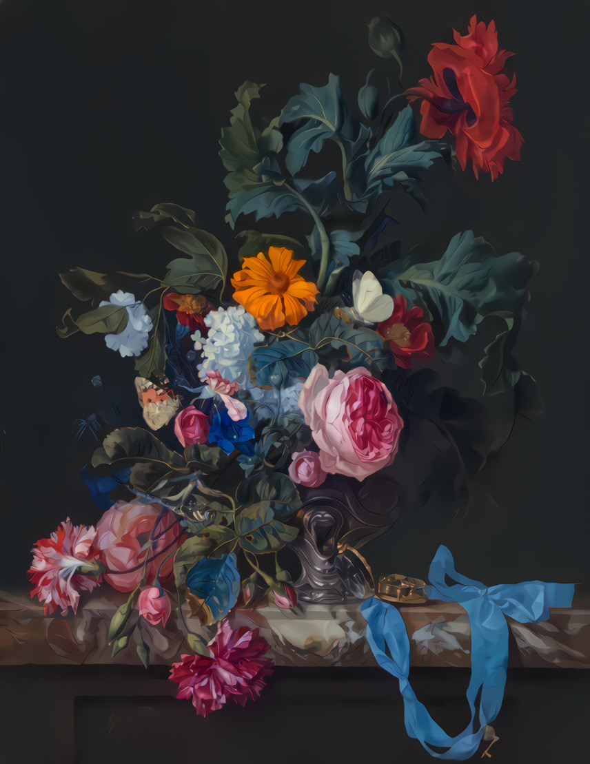 “Flower Still Life with a Timepiece,” painting by Willem van Aelst, 1663.  Mauritshuis, Digitale Collectie, Netherlands. Public Domain, on Unsplash.  Style image by Mike Petrucci on Unsplash.