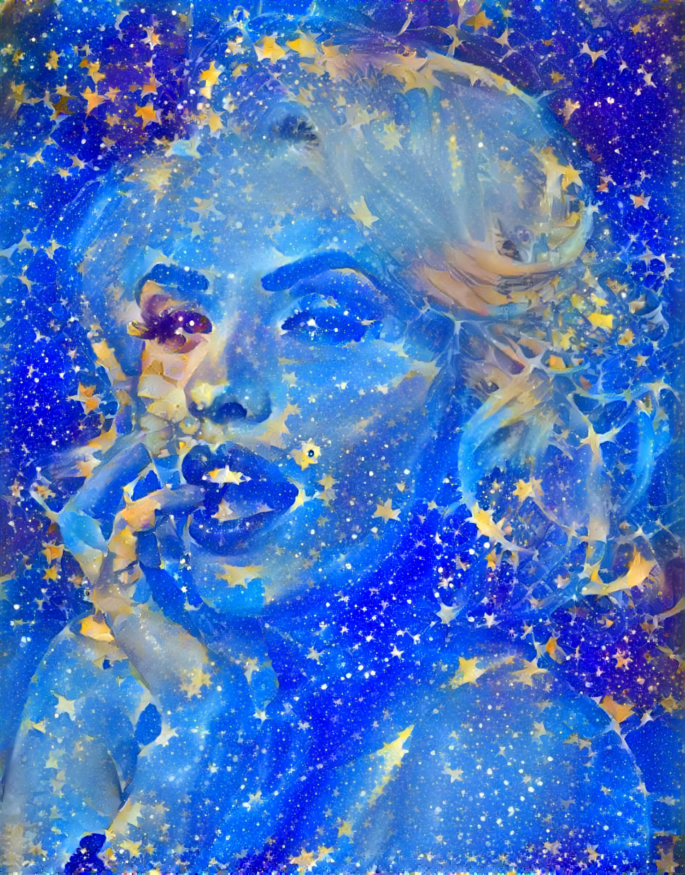 marilyn monroe touching lip, saturated blue, stars