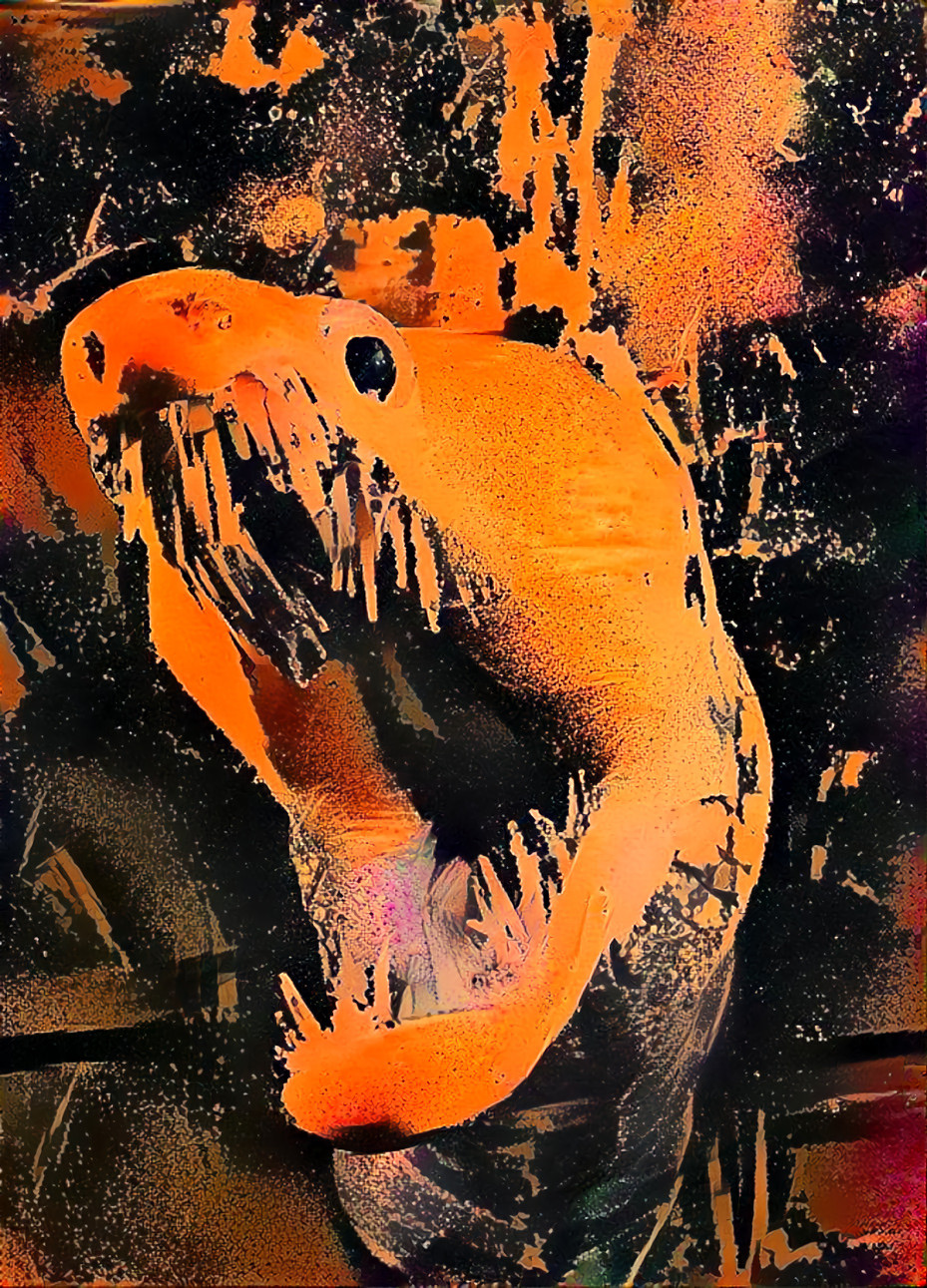 fangtooth dragon moray eel, orange, black