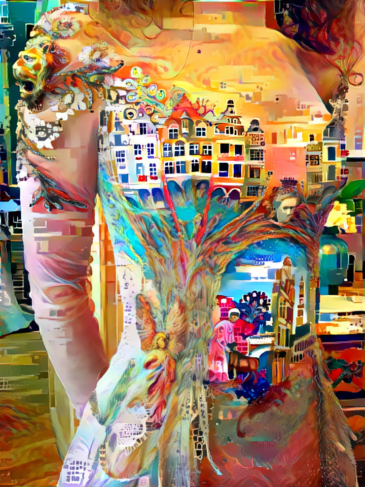 Woman with buildings on dress