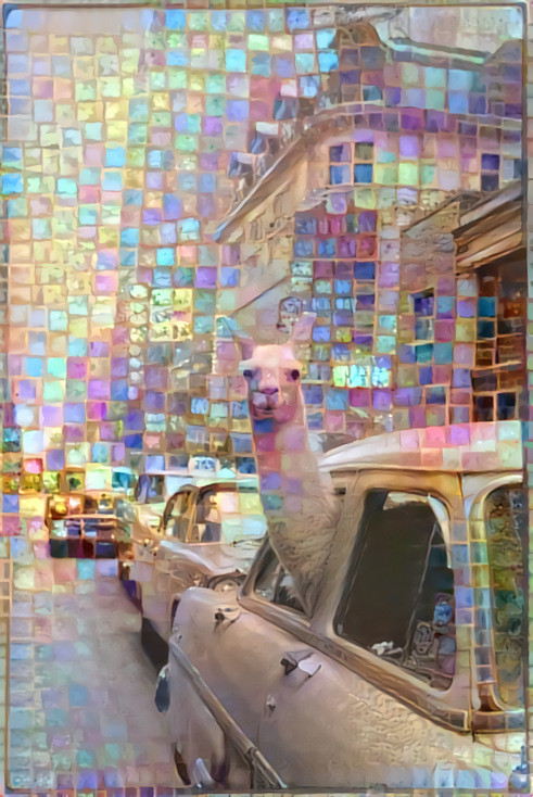 llama taxi driver, iridescent shower tile 
