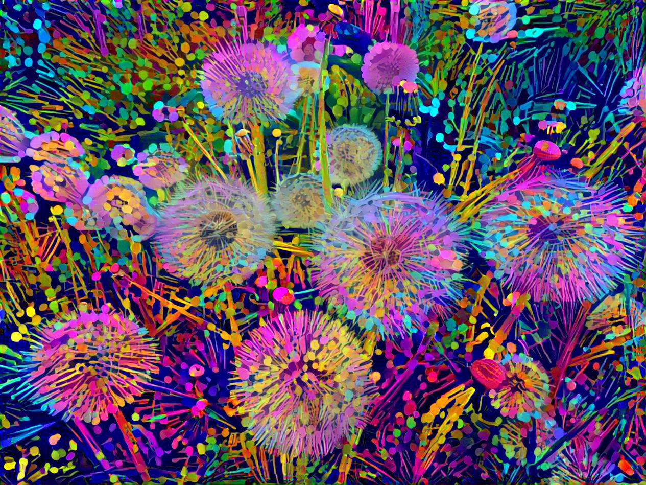 a fireworks of dandelion seed heads