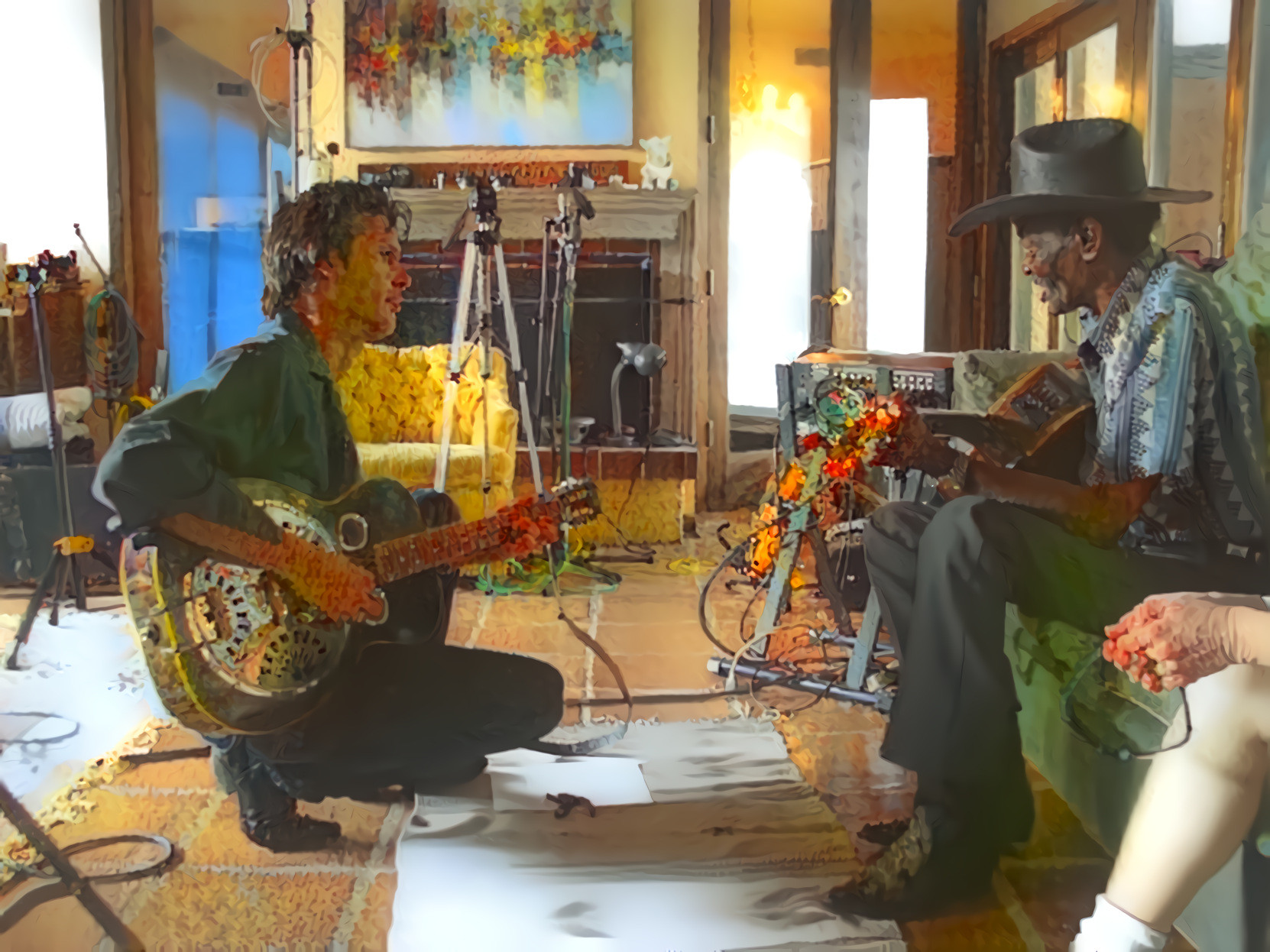 Charlie Sexton with Clarence “Gatemouth” Brown, Los Super 7 sessions, Austin, TX - Photo: Rick Clark