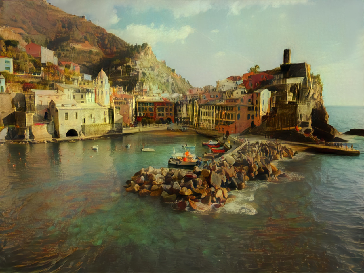 The source image is a photo of Vernazza Harbor, Italy, by Fabio Santaniello BruuN on Unsplash. The filter is a painting, “The Return of the Bucentaur to the Molo on Ascension Day” (1730), by Giovanni Antonio Canal , better known as Canaletto.