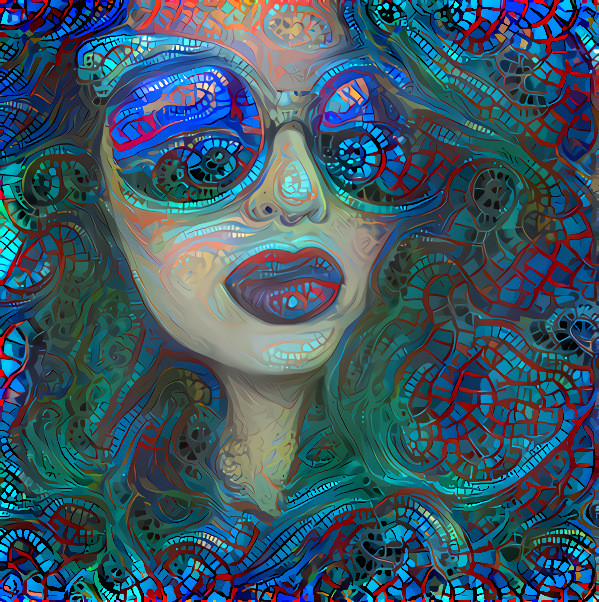 model in sunglasses, retextured, aqua, blue, red