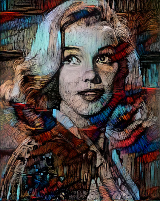 Marilyn Monroe, dark blue, brown & red yarn