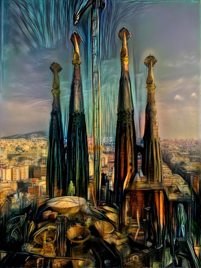 Four spires and a crane. Sagrada Família