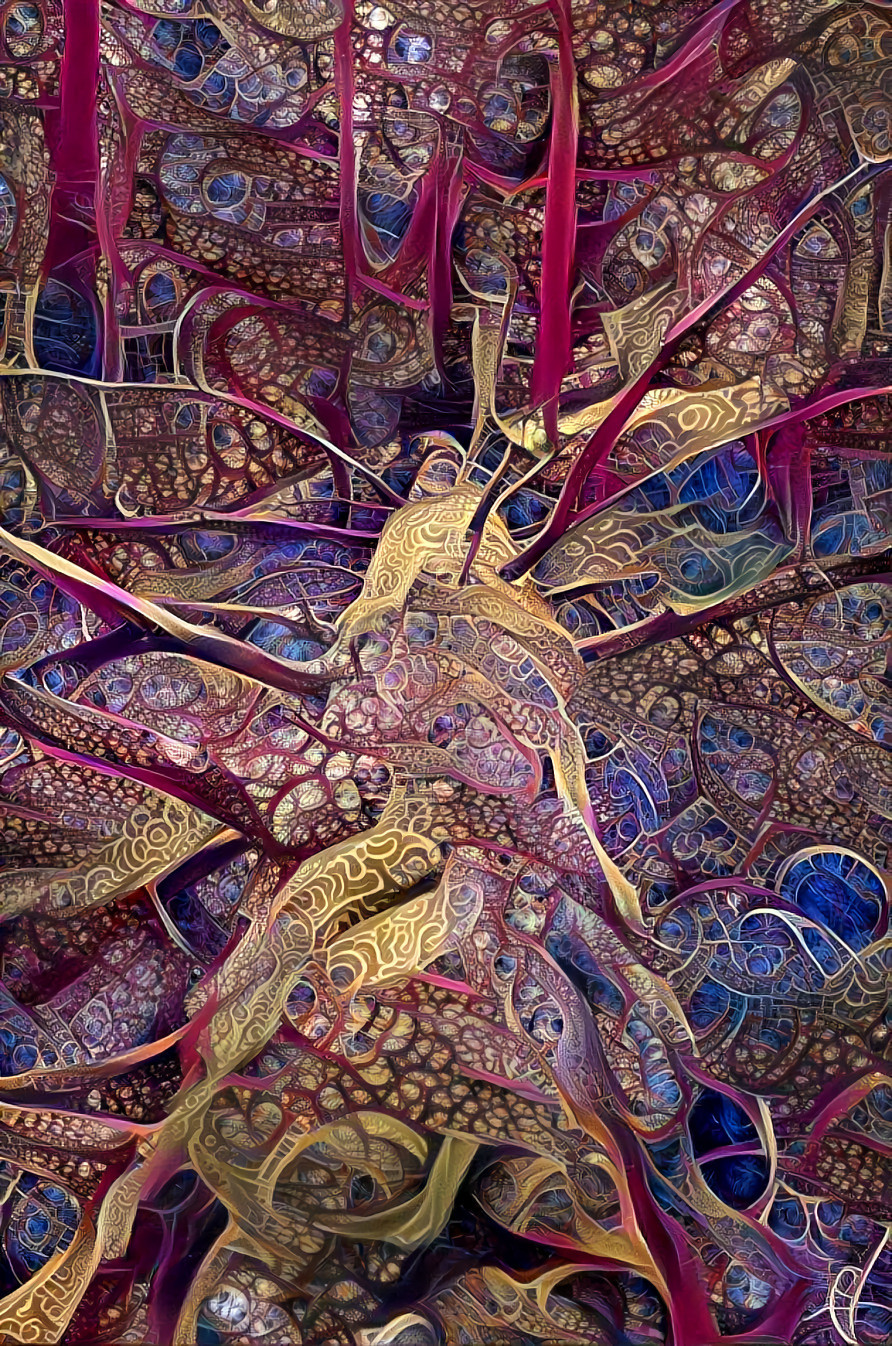 mossy tree retextured purple, gold, blue, fractal