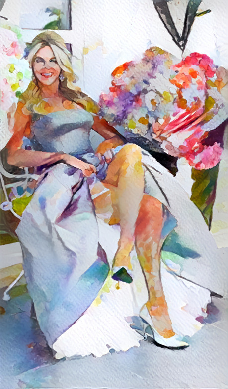 model in dress, crossing legs, watercolor