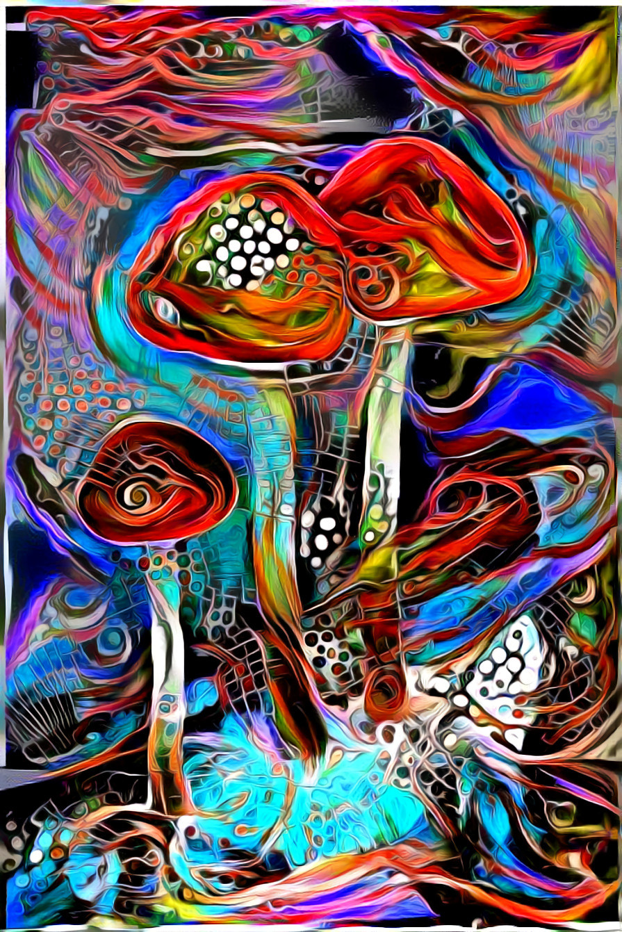 mushrooms - red, blue, aqua, organic painting