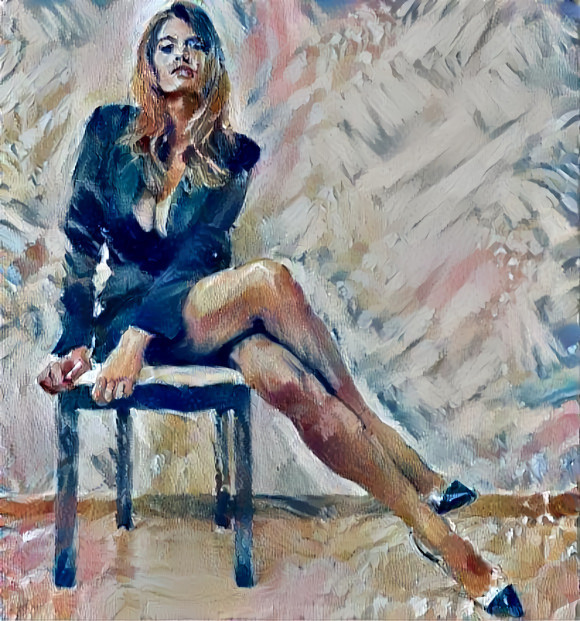 model crossing legs, chair, blue, grey, painting