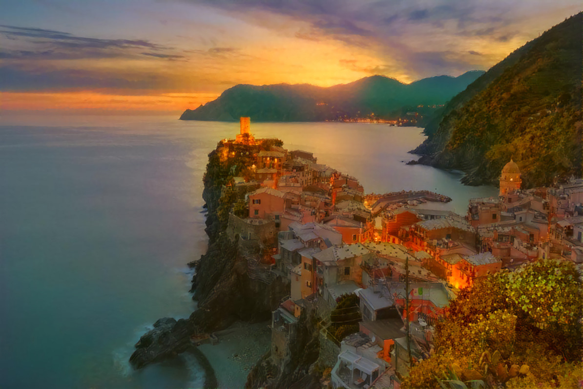Sunset, Vernazza, Italy. Original photo by Anders Jildén on Unsplash.