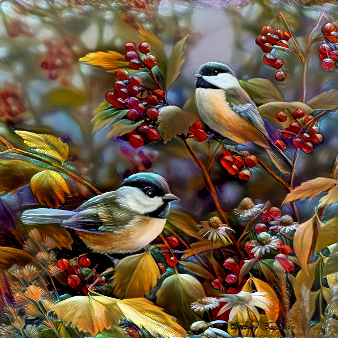 Birds on berry bushes 