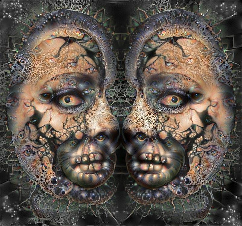 One of my sfx makeup looks, flipped & doubled - run through Deep Dream & again through this here style. Neat!