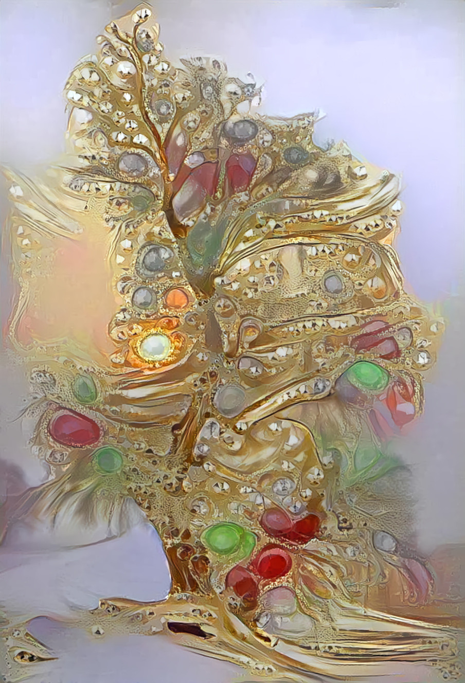 jeweled tree in winter, white, gold, red, green