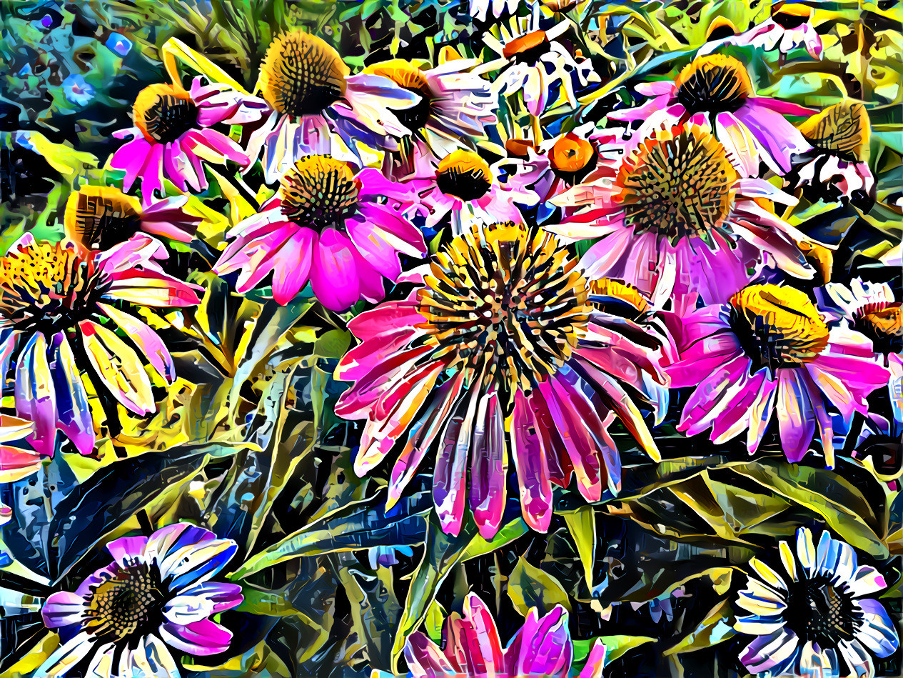 neighborhood flowers clothed in deep-dreamed style