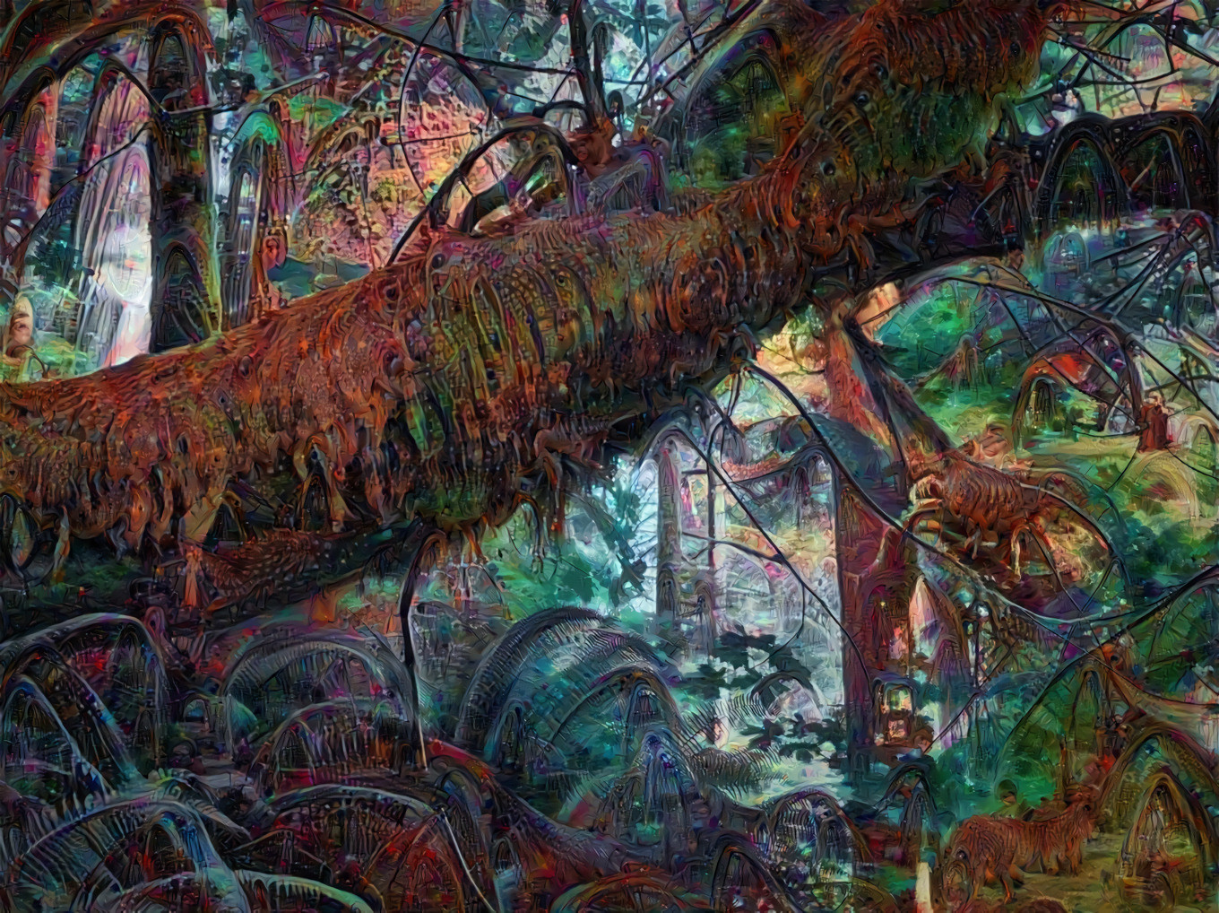 Photo I took in the redwood forests. Multiple deep dreams recombined in photoshop then fed back through as its own training image.